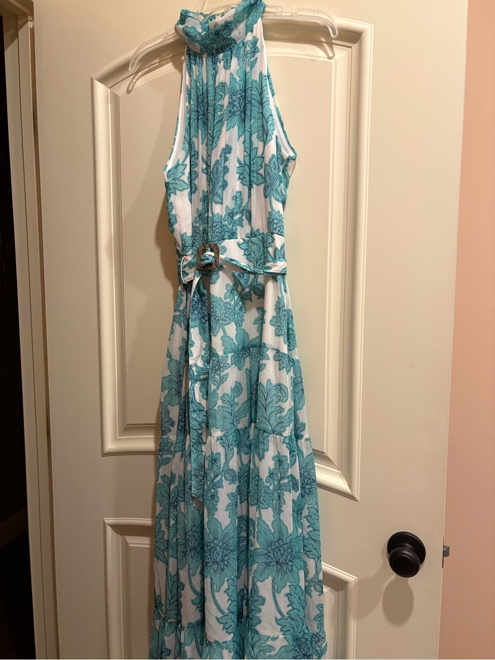 Taylor Sleeveless Halter Floral Maxi Dress in Teal and White
